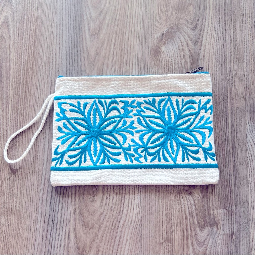 New Without Tag Embroidered Clutch with Blue Floral Design